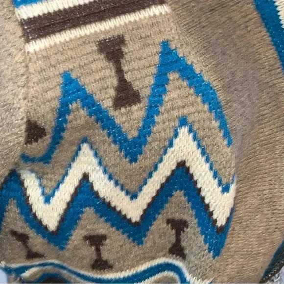 I LOVE H81 Cardigan Sweater Open Front Fringe Tribal Print Brown Blue Size Small - Picture 5 of 7